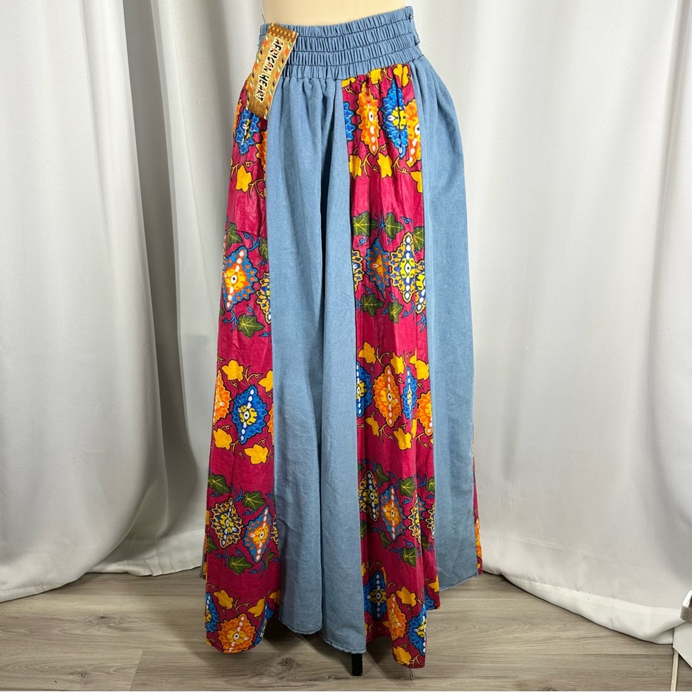 Boho Patchwork Denim Maxi Skirt Dashiki Tribal Print Elastic Waist One Size - Picture 4 of 10